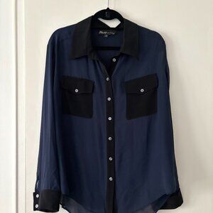 Elizabeth and James Silk Blouse – Black & Blue Two-Tone, Semi-Sheer, Size Large